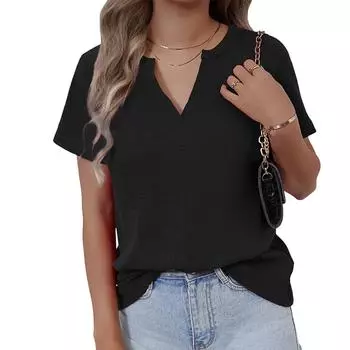 Женская свободная повседневная футболка с V-образным вырезом и короткими рукавами, однотонная футболка, топ, однотонная футболка S чёрный