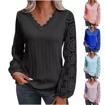 Женская свободная повседневная футболка с v-образным вырезом и кружевом в стиле пэчворк с длинными рукавами L синий