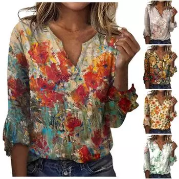 Женская свободная повседневная футболка с v-образным вырезом и рукавами три четверти, кружевная футболка с цветочным принтом, топ L зелёный