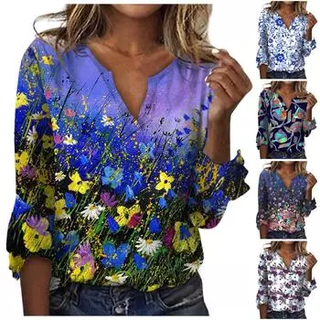 Женская свободная повседневная футболка с v-образным вырезом и рукавами три четверти, кружевная футболка с цветочным принтом, топ L синий
