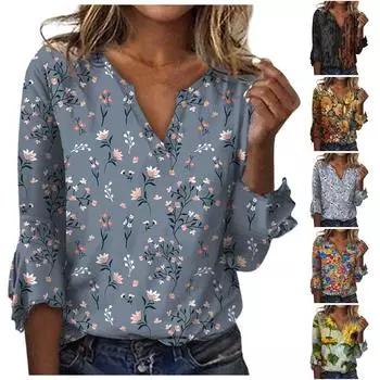 Женская свободная повседневная футболка с v-образным вырезом и рукавами три четверти, кружевная футболка с цветочным принтом, топ XXL чёрный