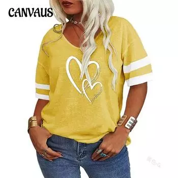 Женская свободная повседневная футболка с V-образным вырезом и принтом в виде креста и сердца, с коротким рукавом и цветными блоками S оранжевый