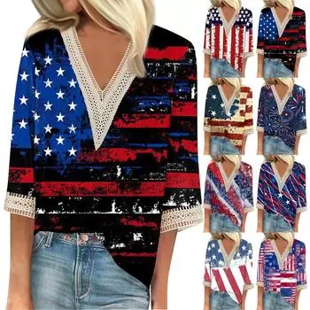 Женская свободная повседневная футболка с v-образным вырезом и рукавами 3/4, кружевная футболка с принтом ко Дню независимости, топ XL синий