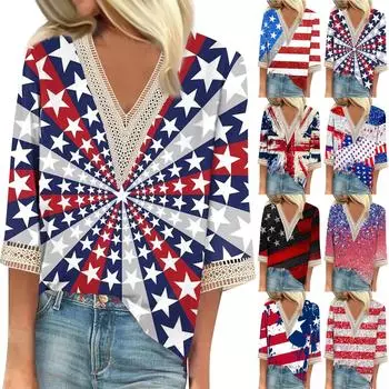 Женская свободная повседневная футболка с v-образным вырезом и рукавами 3/4, кружевная футболка с принтом ко Дню независимости, топ M