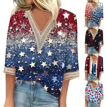 Женская свободная повседневная футболка с v-образным вырезом и рукавами 3/4, кружевная футболка с принтом ко Дню независимости, топ M чёрный