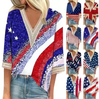 Женская свободная повседневная футболка с v-образным вырезом и рукавами 3/4, кружевная футболка с принтом ко Дню независимости, топ L