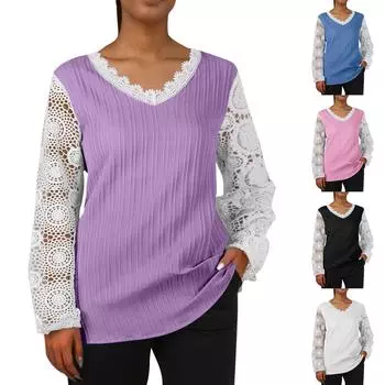 Женская свободная повседневная футболка с v-образным вырезом и кружевом в стиле пэчворк с длинными рукавами L синий
