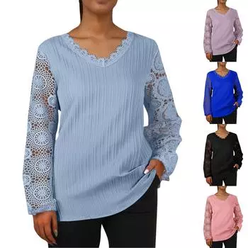 Женская свободная повседневная футболка с v-образным вырезом и кружевом в стиле пэчворк с длинными рукавами XL