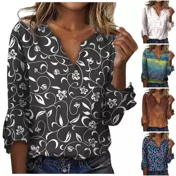Женская свободная повседневная футболка с v-образным вырезом и рукавами три четверти, кружевная футболка с цветочным принтом, топ L чёрный