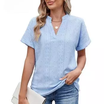 Женская свободная повседневная футболка с V-образным вырезом, весна-лето, однотонная S чёрный