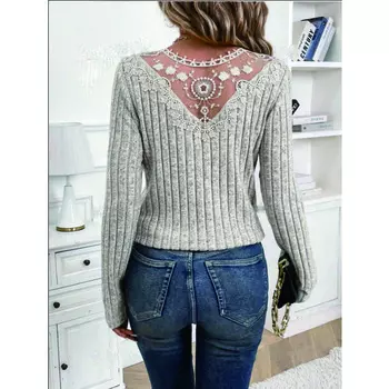 Женская свободная повседневная футболка с v-образным вырезом и кружевом в стиле пэчворк с длинными рукавами S чёрный