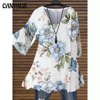 Женская свободная повседневная футболка с v-образным вырезом и полурукавами с цифровой печатью XS-5XL