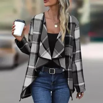Женская свободная повседневная клетчатая куртка с длинными рукавами Модная куртка Куртка с длинными рукавами L чёрный