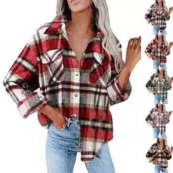 Женская свободная повседневная клетчатая рубашка с цветными блоками и длинными рукавами, застегивающаяся на пуговицы верхняя часть L армия зеленый