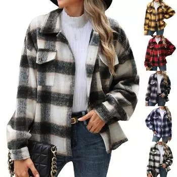 Женская свободная повседневная клетчатая шерстяная куртка с длинными рукавами и лацканами, модная куртка S красный