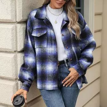 Женская свободная повседневная клетчатая шерстяная куртка с длинными рукавами и лацканами, модная куртка S красный