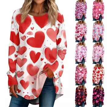 Женская свободная повседневная круглая футболка с длинными рукавами и принтом ко Дню святого Валентина L