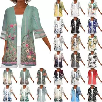 Женская свободная повседневная кружевная рубашка с рукавом четверть с принтом, кардиган, топ L