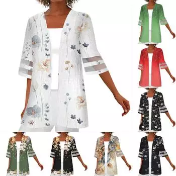 Женская свободная повседневная кружевная рубашка с рукавом четверть с принтом, кардиган, топ XL зелёный