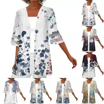 Женская свободная повседневная кружевная рубашка с рукавом четверть с принтом, кардиган, топ L бежевый