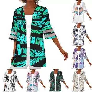 Женская свободная повседневная кружевная рубашка с рукавом четверть с принтом, кардиган, топ XL циан