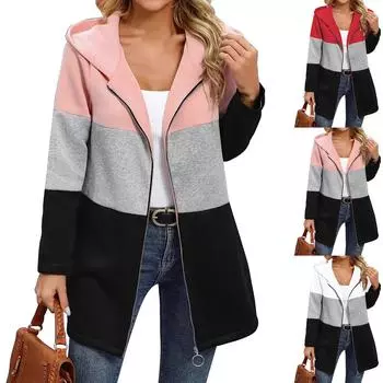 Женская свободная повседневная куртка с капюшоном и молнией, трехцветная, модная куртка L чёрный