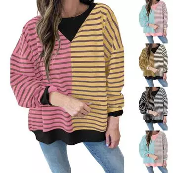 Женская свободная повседневная модная полосатая цветная свободная толстовка с длинными рукавами L чёрный