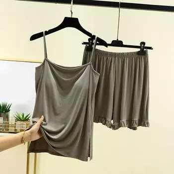 Женская свободная повседневная одежда с подкладкой на груди, майка, шорты, домашний комплект, летний тонкий дизайн, можно носить на улице, однотонная пижама L