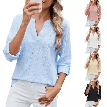 Женская свободная повседневная однотонная футболка с V-образным вырезом и рукавом семь четвертей на пуговицах L бежевый