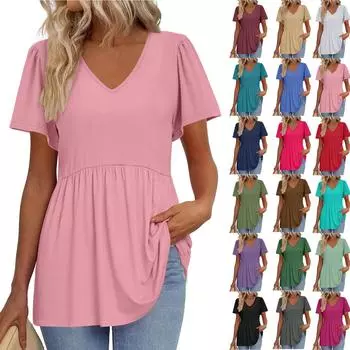 Женская свободная повседневная однотонная футболка с V-образным вырезом и короткими рукавами XXXL чёрный