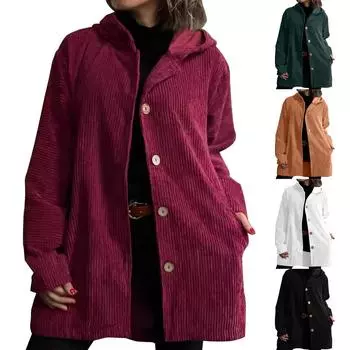 Женская свободная повседневная однотонная куртка с капюшоном, длинными рукавами, на пуговицах, с карманами L чёрный