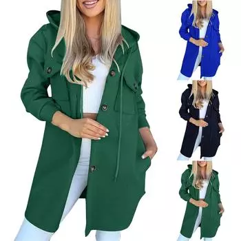 Женская свободная повседневная однотонная куртка с капюшоном, модная куртка на пуговицах L чёрный