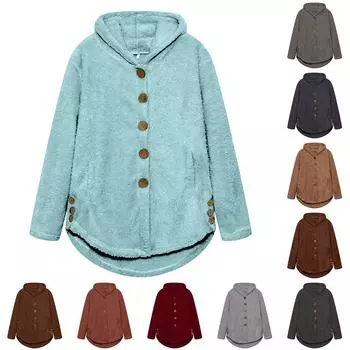 Женская свободная повседневная однотонная плюшевая куртка с капюшоном и длинными рукавами на пуговицах, модная куртка L чёрный