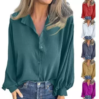 Женская свободная повседневная однотонная рубашка с длинными рукавами и пуговицами на лацканах, модная рубашка с длинными рукавами L темно-зеленого