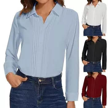 Женская свободная повседневная однотонная рубашка с длинными рукавами и пуговицами на лацканах, модная рубашка с длинными рукавами M чёрный