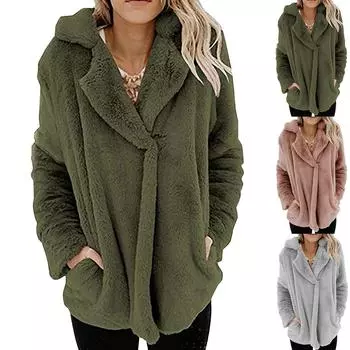 Женская свободная повседневная однотонная рубашка с длинными рукавами и карманами, двусторонний бархатный воротник, кардиган, куртка L армия зеленый