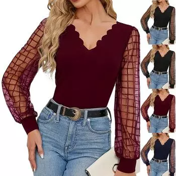 Женская свободная повседневная однотонная рубашка с V-образным вырезом и рукавами-фонариками Модный топ Модный топ L чёрный