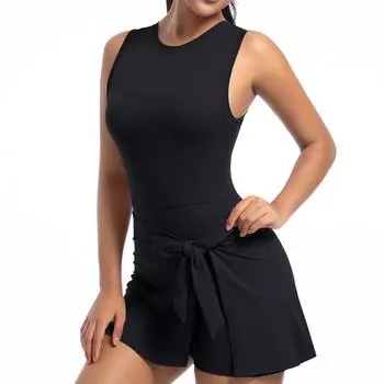 Женская свободная повседневная однотонная теннисная юбка, цельный костюм для йоги, жилет, цельное платье L чёрный