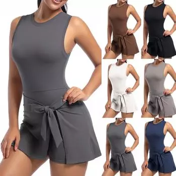 Женская свободная повседневная однотонная теннисная юбка, цельный костюм для йоги, жилет, цельное платье L чёрный