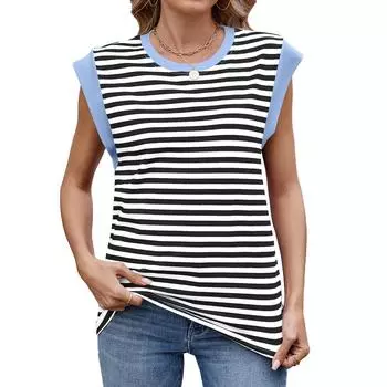 Женская свободная повседневная полосатая контрастная футболка с круглым вырезом и короткими рукавами L чёрный