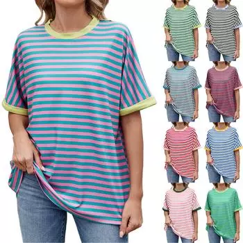 Женская свободная повседневная полосатая контрастная футболка с круглым вырезом и короткими рукавами L чёрный