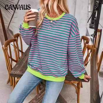 Женская свободная повседневная полосатая толстовка больших размеров на осень S розовый зеленый