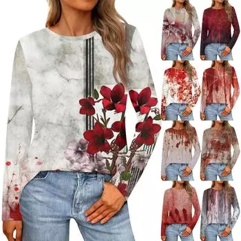 Женская свободная повседневная повседневная футболка с длинным рукавом и круглым вырезом, сплошной цвет, топ XXXXXL