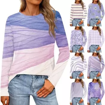 Женская свободная повседневная повседневная футболка с длинным рукавом и круглым вырезом, сплошной цвет, топ XL фиолетовый