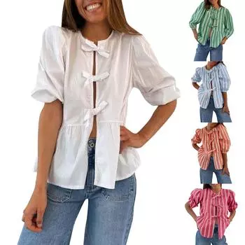 Женская свободная повседневная рубашка из хлопка и льна, однотонная рубашка с короткими рукавами и v-образным вырезом с лацканами L синий