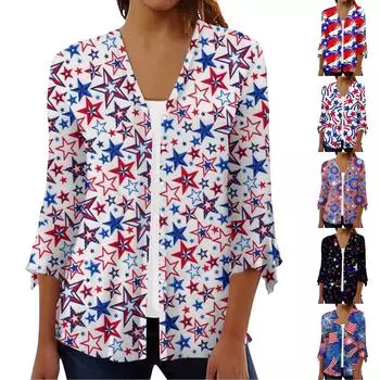 Женская свободная повседневная рубашка-кардиган с принтом на День независимости и семью рукавами L чёрный