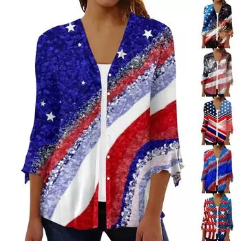 Женская свободная повседневная рубашка-кардиган с принтом на День независимости и семью рукавами L синий