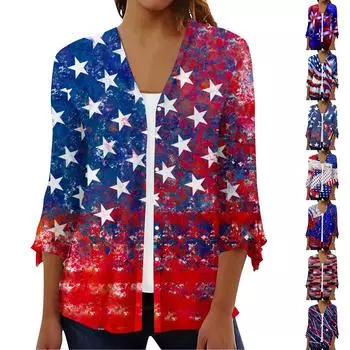 Женская свободная повседневная рубашка-кардиган с принтом на День независимости и семью рукавами L синий