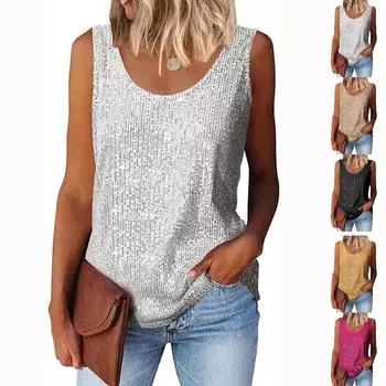 Женская свободная повседневная рубашка на бретелях с круглым вырезом и пайетками S чёрный