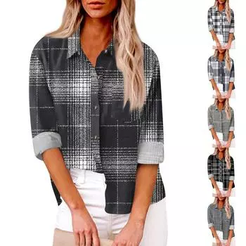 Женская свободная повседневная рубашка на пуговицах с длинными рукавами и лацканами, полосатый клетчатый принт и карманный кардиган L чёрный